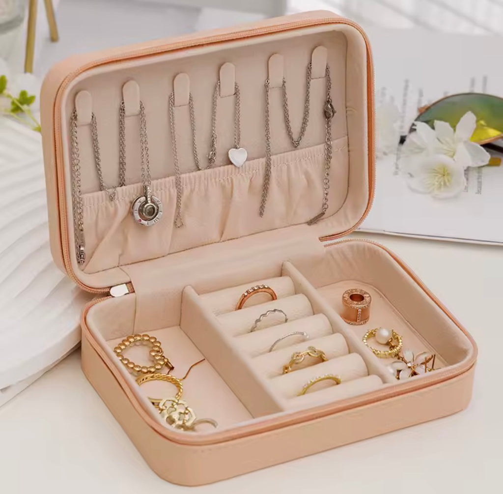 Large Beige Travel Jewelry Box/Case Lightweight